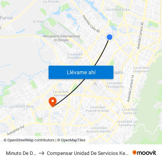 Minuto De Dios to Compensar Unidad De Servicios Kennedy map