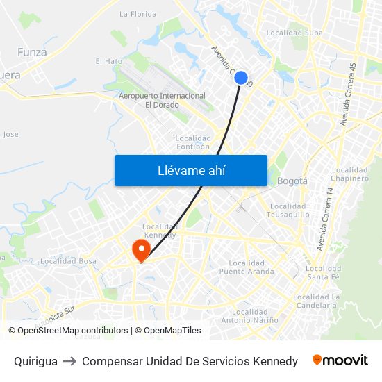 Quirigua to Compensar Unidad De Servicios Kennedy map