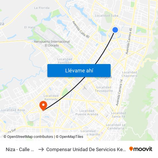 Niza - Calle 127 to Compensar Unidad De Servicios Kennedy map