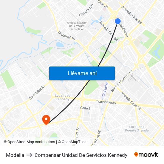 Modelia to Compensar Unidad De Servicios Kennedy map