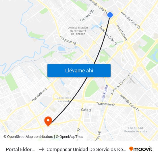 Portal Eldorado to Compensar Unidad De Servicios Kennedy map