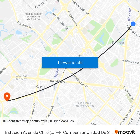 Estación Avenida Chile (Av. NQS - Cl 71c) to Compensar Unidad De Servicios Kennedy map