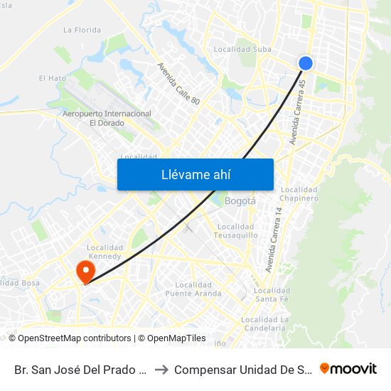 Br. San José Del Prado (Kr 45a - Cl 137) to Compensar Unidad De Servicios Kennedy map