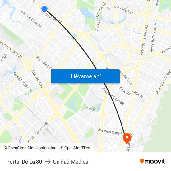 Portal De La 80 to Unidad Médica map