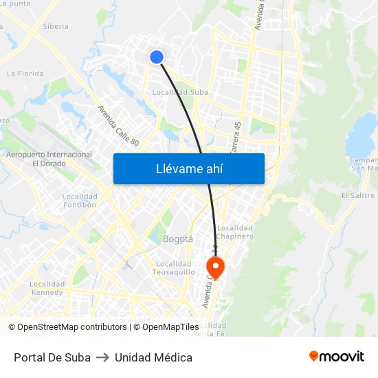 Portal De Suba to Unidad Médica map