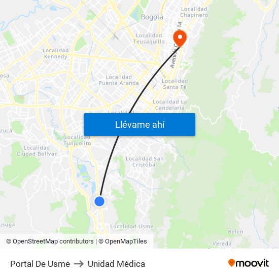 Portal De Usme to Unidad Médica map