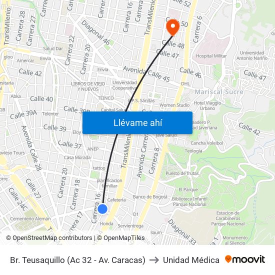 Br. Teusaquillo (Ac 32 - Av. Caracas) to Unidad Médica map