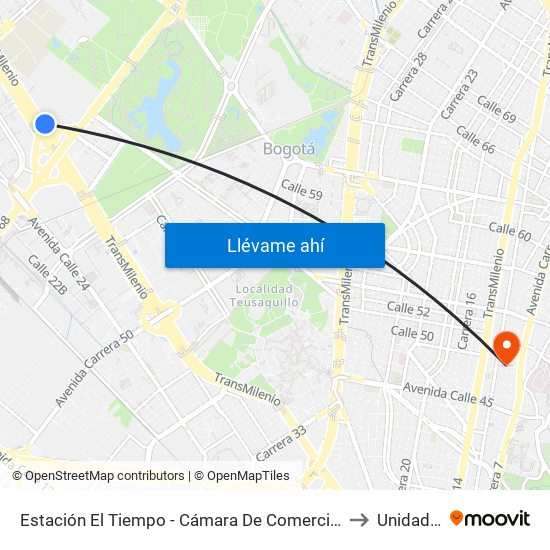 Estación El Tiempo - Cámara De Comercio De Bogotá (Ac 26 - Kr 68b Bis) to Unidad Médica map