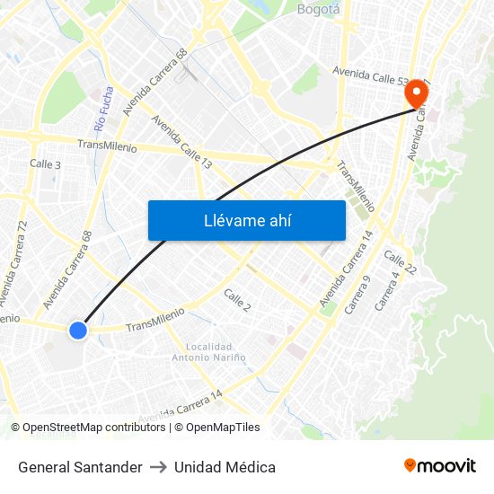 General Santander to Unidad Médica map