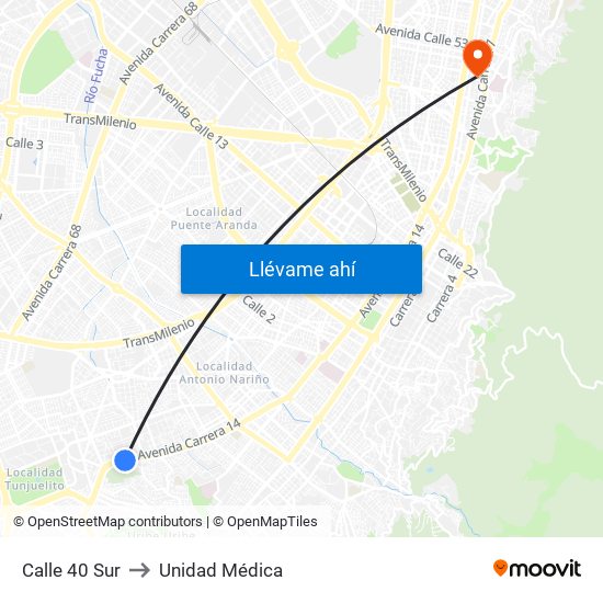 Calle 40 Sur to Unidad Médica map