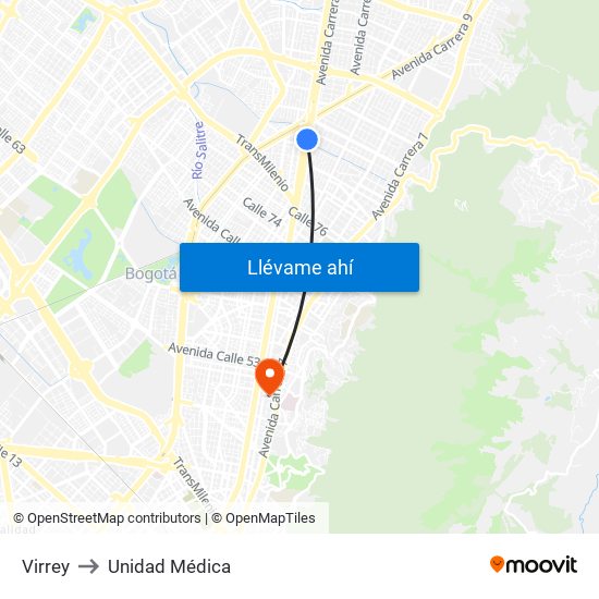 Virrey to Unidad Médica map