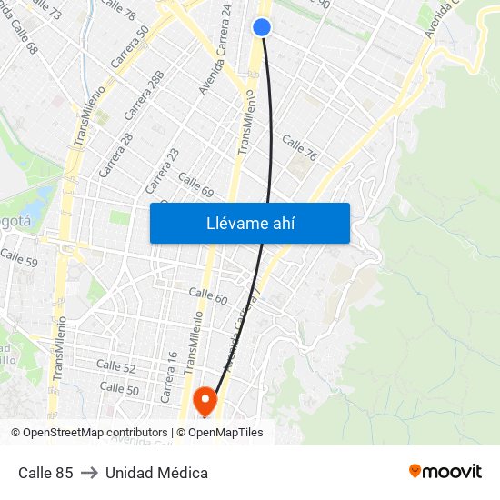 Calle 85 to Unidad Médica map