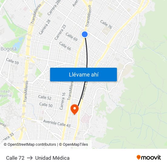 Calle 72 to Unidad Médica map