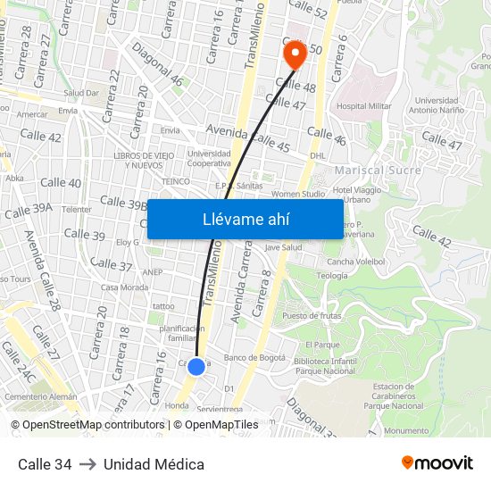 Calle 34 to Unidad Médica map