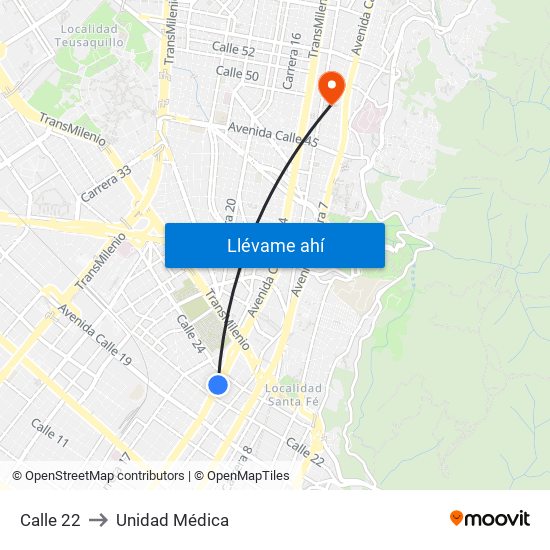 Calle 22 to Unidad Médica map