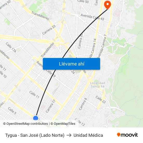 Tygua - San José (Lado Norte) to Unidad Médica map