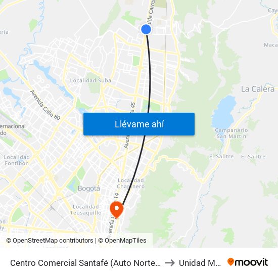 Centro Comercial Santafé (Auto Norte - Cl 187) (B) to Unidad Médica map