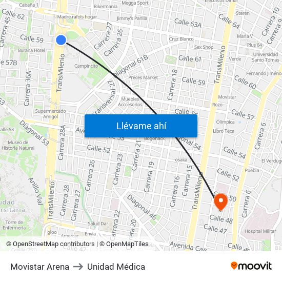 Movistar Arena to Unidad Médica map