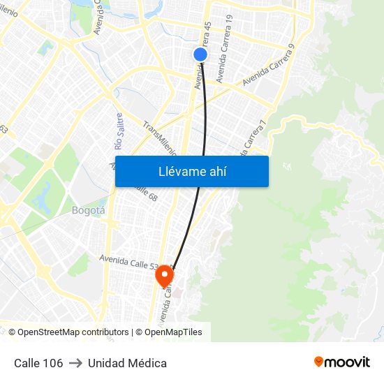 Calle 106 to Unidad Médica map