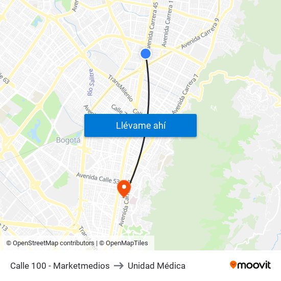 Calle 100 - Marketmedios to Unidad Médica map