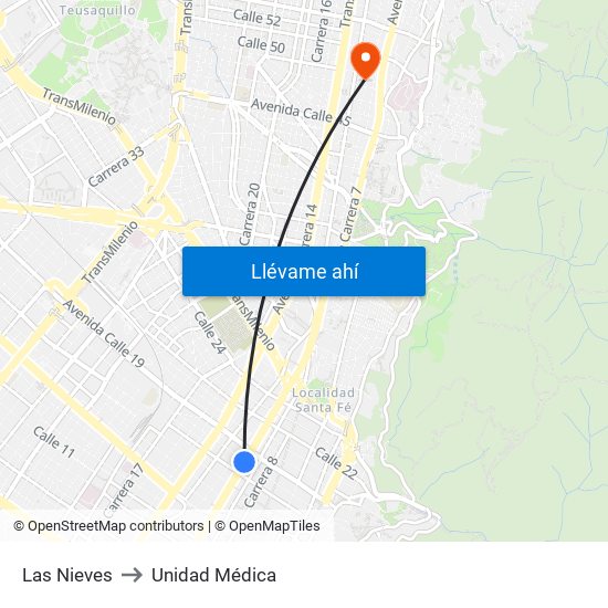 Las Nieves to Unidad Médica map