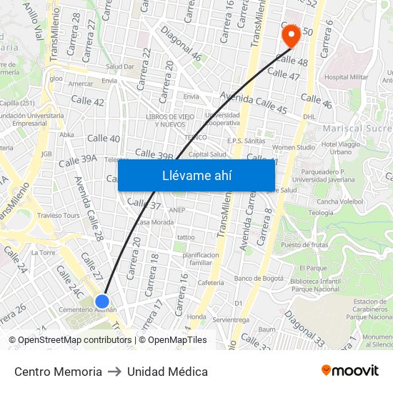 Centro Memoria to Unidad Médica map