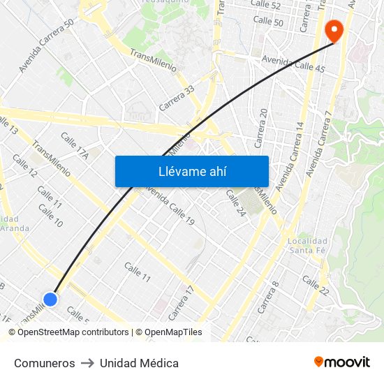 Comuneros to Unidad Médica map
