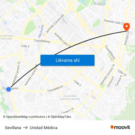 Sevillana to Unidad Médica map