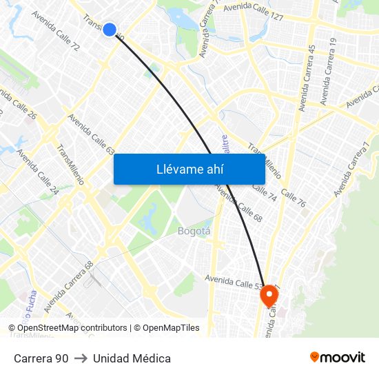 Carrera 90 to Unidad Médica map