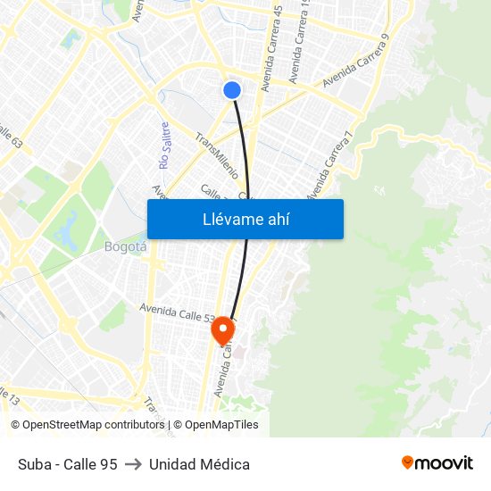 Suba - Calle 95 to Unidad Médica map