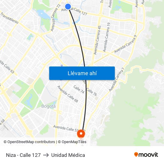 Niza - Calle 127 to Unidad Médica map