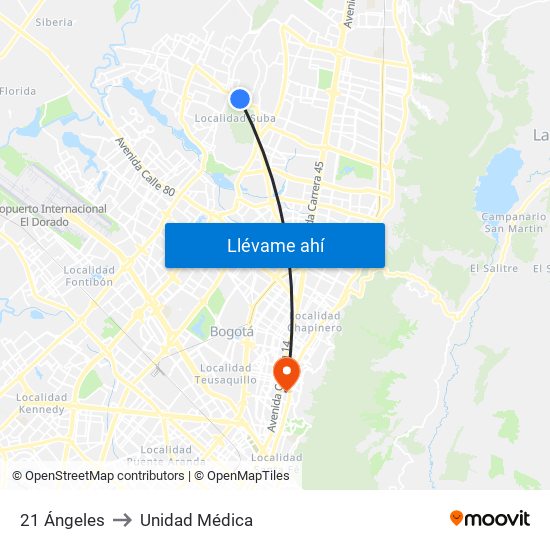 21 Ángeles to Unidad Médica map