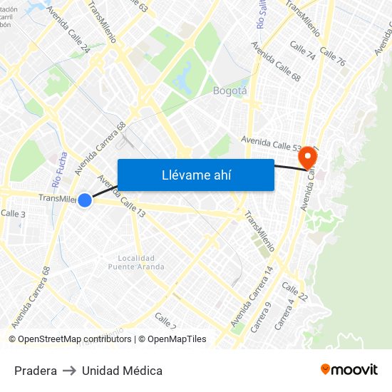 Pradera to Unidad Médica map