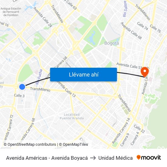 Avenida Américas - Avenida Boyacá to Unidad Médica map