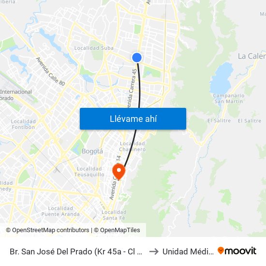 Br. San José Del Prado (Kr 45a - Cl 137) to Unidad Médica map