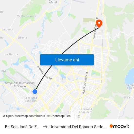 Br. San José De Fontibón (Ac 26 - Kr 96a) to Universidad Del Rosario Sede Del Emprendimiento Y La Innovación map