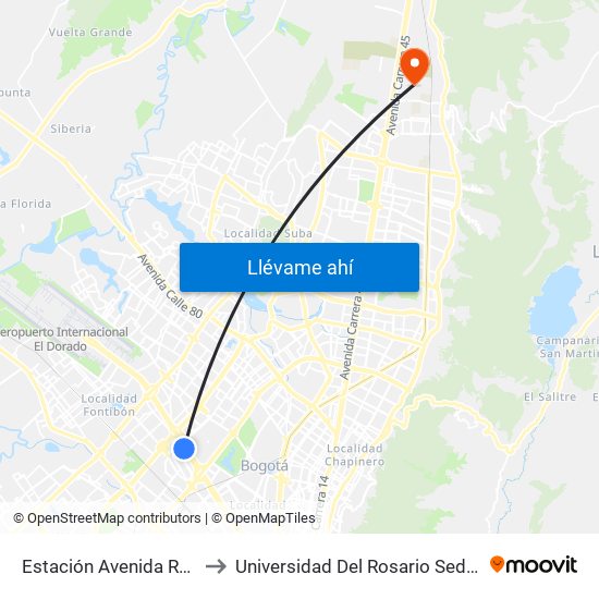 Estación Avenida Rojas (Ac 26 - Kr 69d Bis) (B) to Universidad Del Rosario Sede Del Emprendimiento Y La Innovación map