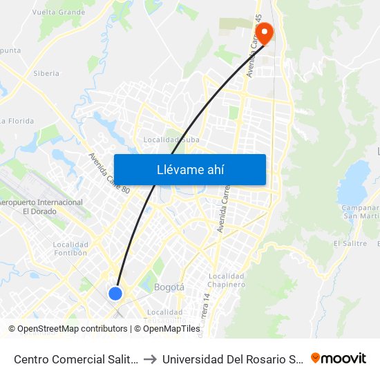 Centro Comercial Salitre Plaza (Av. La Esperanza - Kr 68b) to Universidad Del Rosario Sede Del Emprendimiento Y La Innovación map