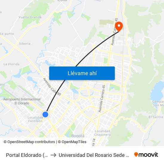 Portal Eldorado (Ac 26 - Av. C. De Cali) to Universidad Del Rosario Sede Del Emprendimiento Y La Innovación map