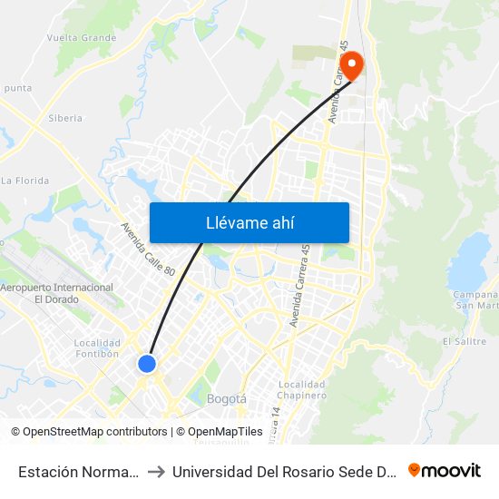 Estación Normandía (Ac 26 - Kr 74) to Universidad Del Rosario Sede Del Emprendimiento Y La Innovación map