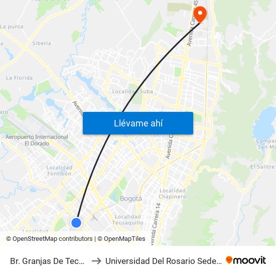 Br. Granjas De Techo (Av. Centenario - Kr 65) to Universidad Del Rosario Sede Del Emprendimiento Y La Innovación map
