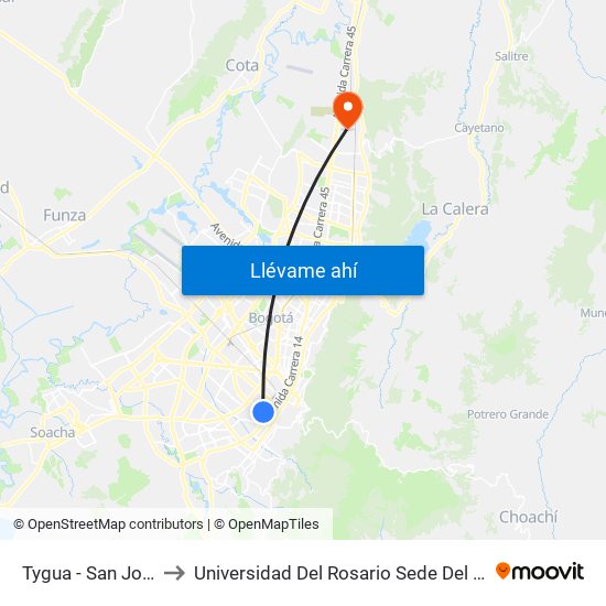 Tygua - San José (Lado Norte) to Universidad Del Rosario Sede Del Emprendimiento Y La Innovación map