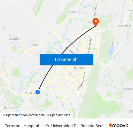 Terreros - Hospital Cardiovascular (Lado Sur) to Universidad Del Rosario Sede Del Emprendimiento Y La Innovación map