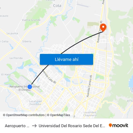 Aeropuerto Eldorado (B) to Universidad Del Rosario Sede Del Emprendimiento Y La Innovación map