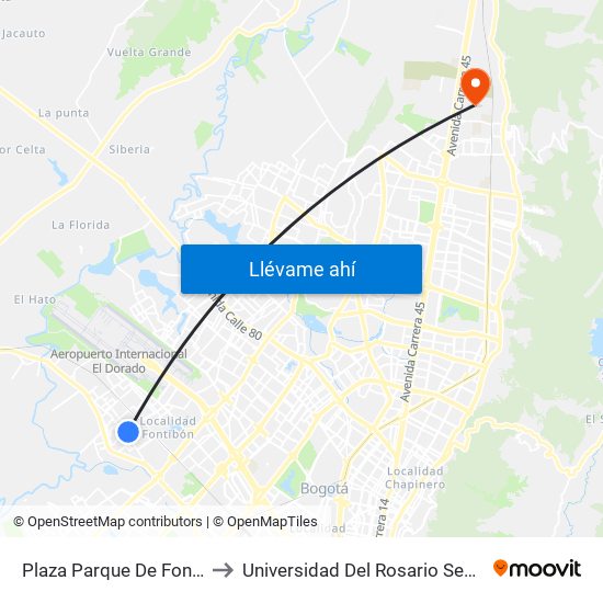 Plaza Parque De Fontibón Kr 100 (Kr 100 - Cl 17a) to Universidad Del Rosario Sede Del Emprendimiento Y La Innovación map