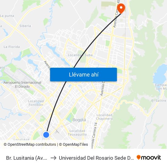 Br. Lusitania (Av. Centenario - Kr 68b) to Universidad Del Rosario Sede Del Emprendimiento Y La Innovación map
