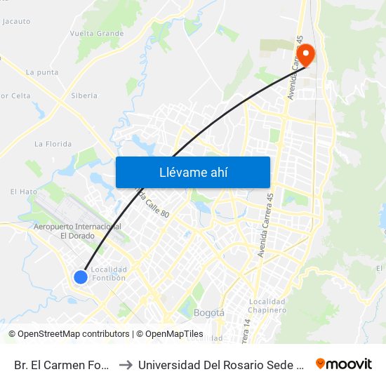 Br. El Carmen Fontibón (Cl 17 - Kr 100) to Universidad Del Rosario Sede Del Emprendimiento Y La Innovación map
