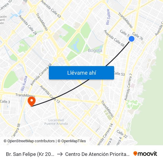 Br. San Felipe (Kr 20a - Cl 74) to Centro De Atención Prioritaria En Salud map