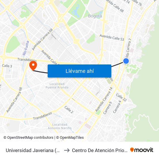 Universidad Javeriana (Ak 7 - Cl 40) (B) to Centro De Atención Prioritaria En Salud map