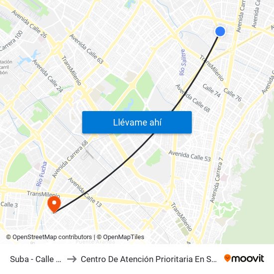 Suba - Calle 95 to Centro De Atención Prioritaria En Salud map